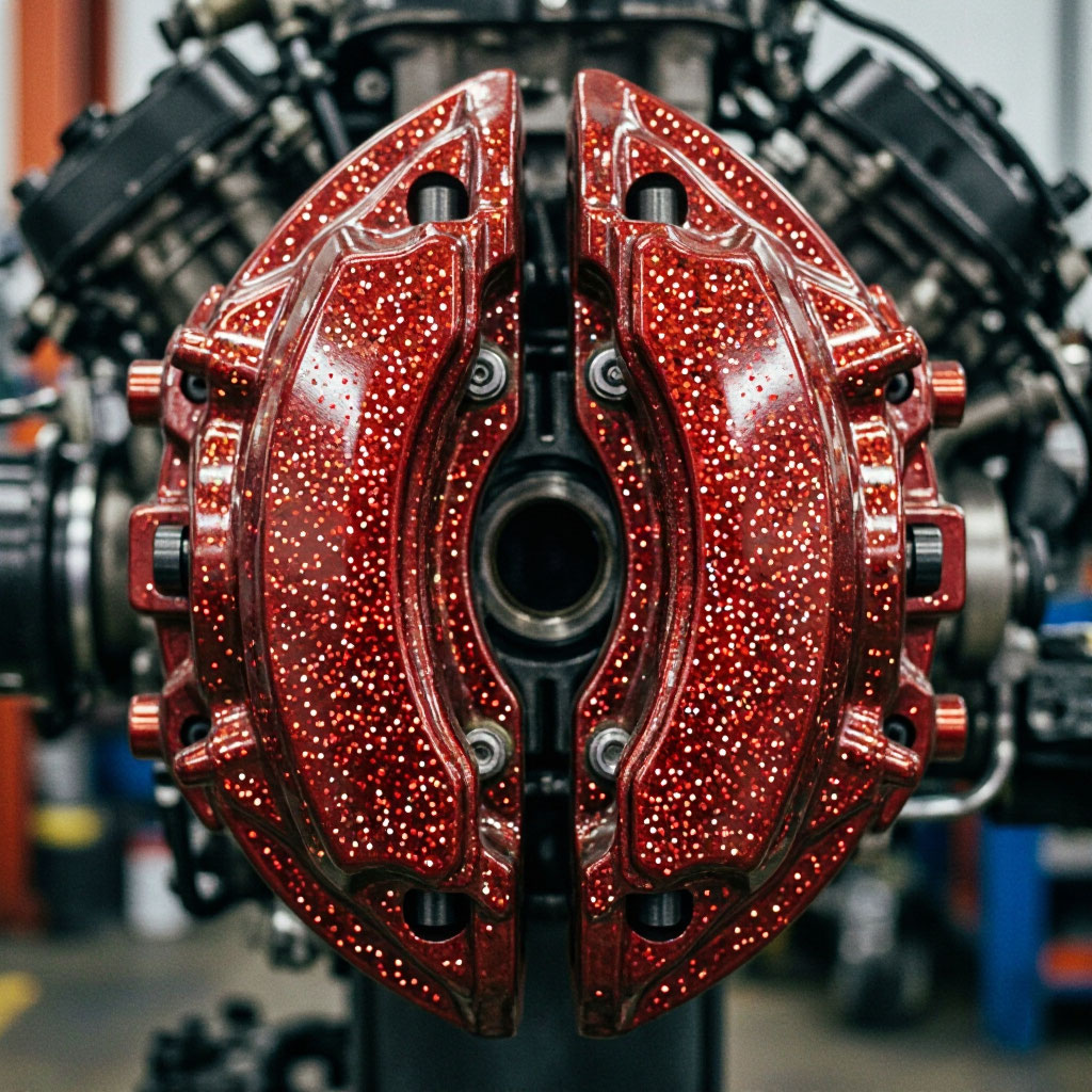 Brake calipers refinished in high-temp candy red