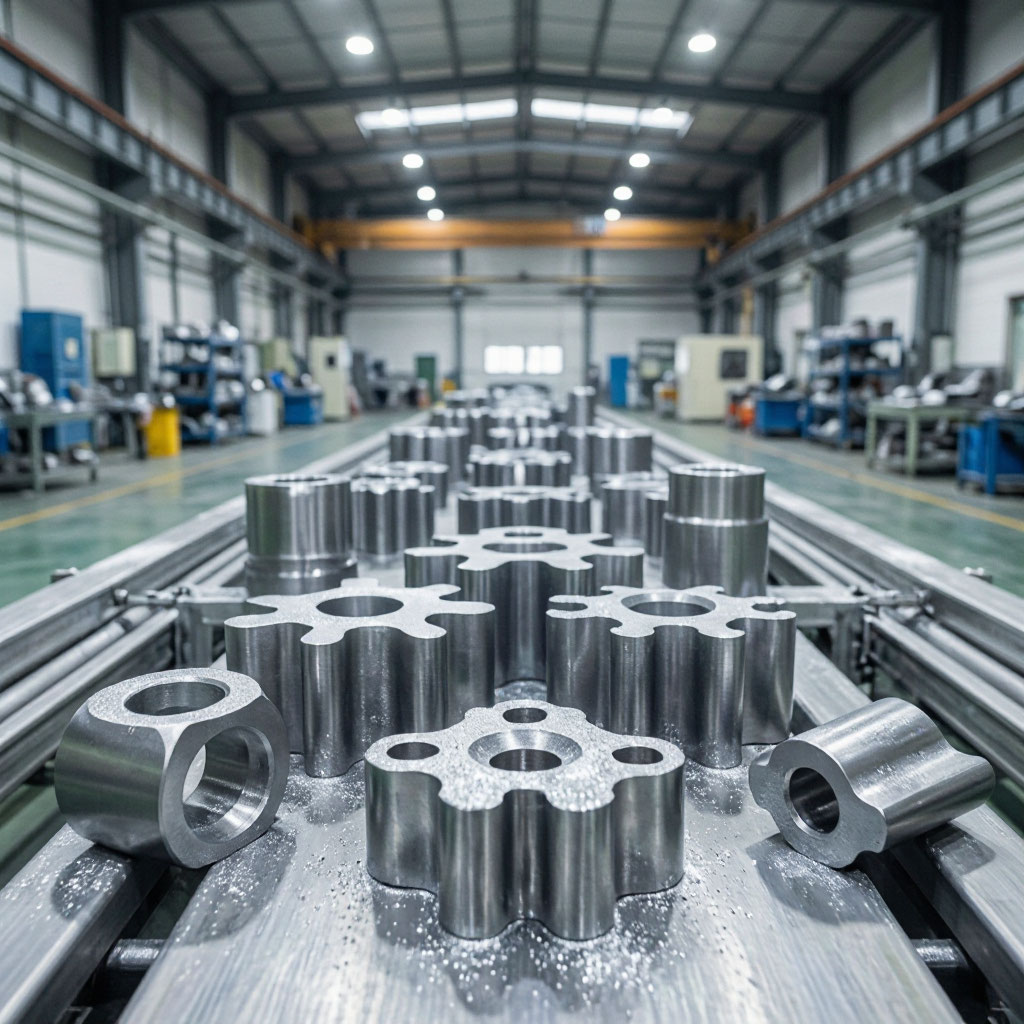 Industrial production floor with parts staged for powder coating