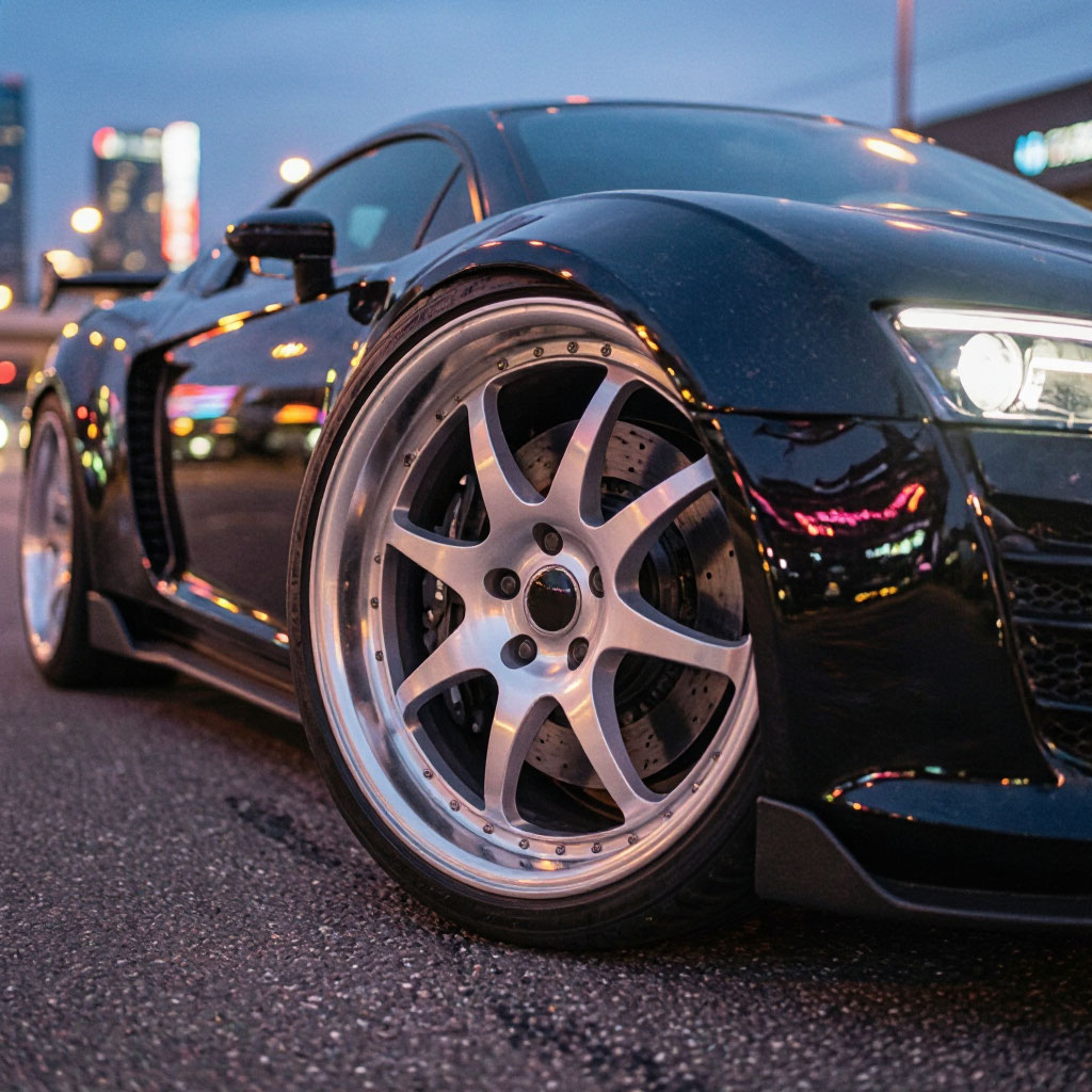 Powder coated automotive wheels on a vehicle