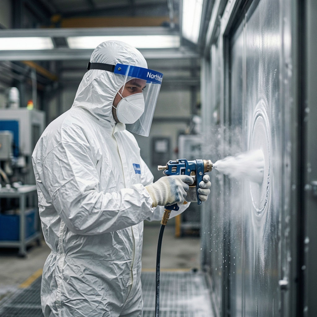 Technician applying powder coating in a spray booth at Northline facility